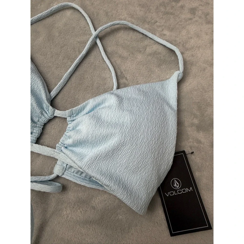 NWT Volcom Bikini Top Women Blue Pucker Up X Back Halter L $50